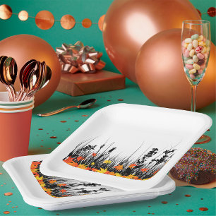 Plato De Papel Hojas de arce de otoño y silueta de hierba silvest