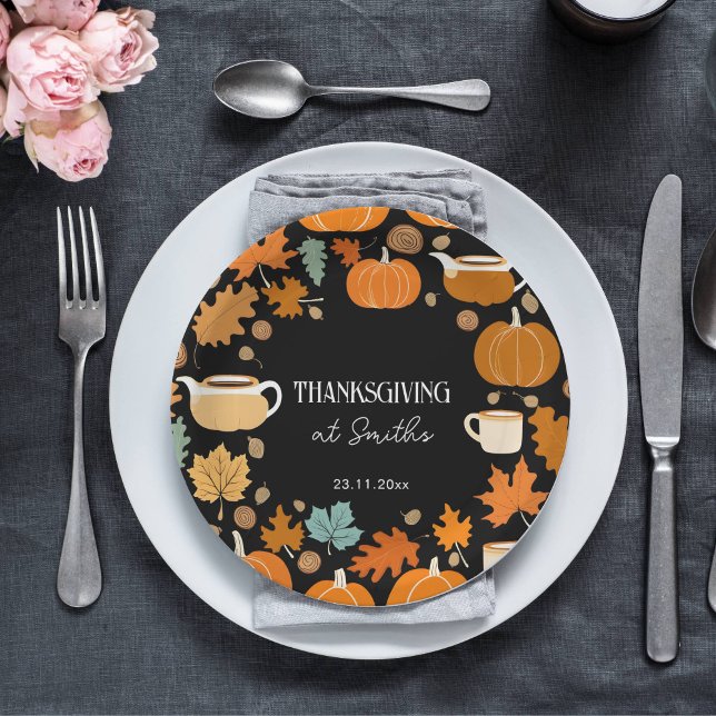 Plato De Papel Hojas de arce estilo retro de Acción de Gracias (Thanksgiving dinner tableware personalized paper plates pumpkins cups fall foliage themed plates)