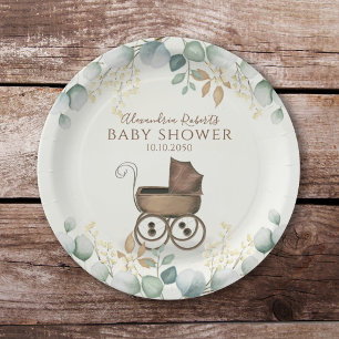 Plato De Papel Hojas de eucalipto de color de agua de Baby Shower