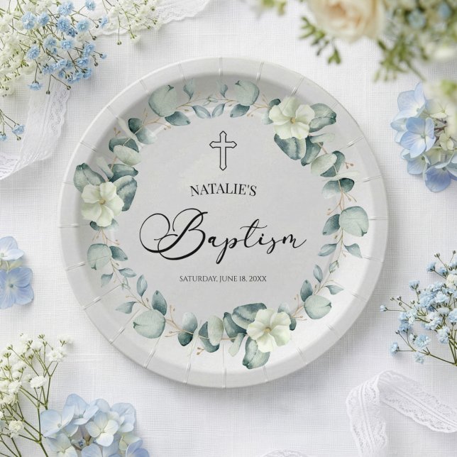 Plato De Papel Hojas de eucalipto verde bautizo botánico (Subido por el creador)