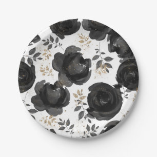Plato De Papel Hojas de Glam Floral Oro Negro Boda