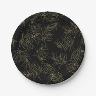 Plato De Papel Hojas de glamour tropical negro y dorado para una