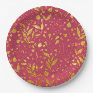Plato De Papel Hojas de magenta y oro
