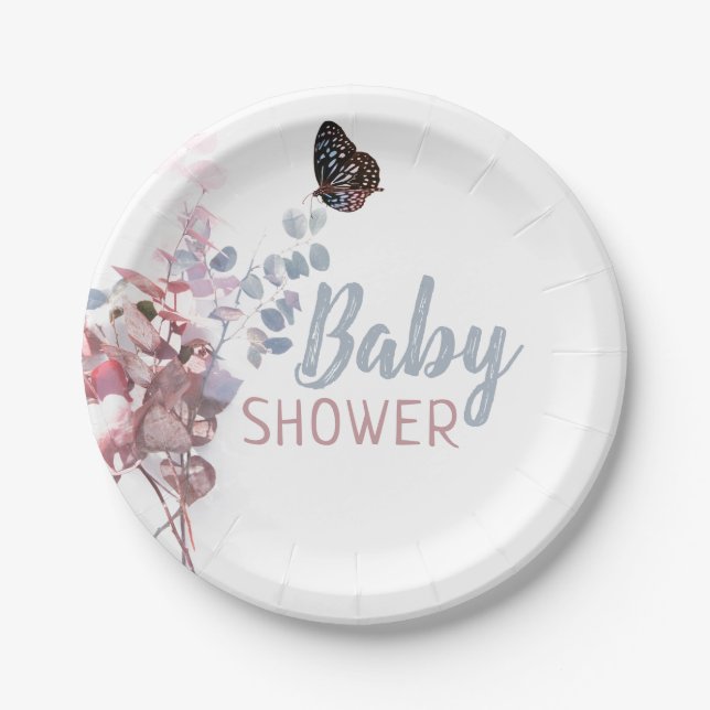 Plato De Papel Hojas de mariposa, Baby Shower elegante (Anverso)