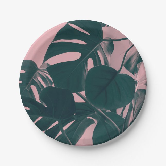 Plato De Papel Hojas de Monstera en rosa (Anverso)