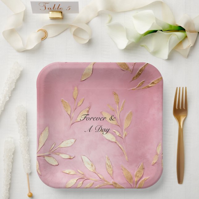 Plato De Papel Hojas de oro de Glam rosa (Boda)