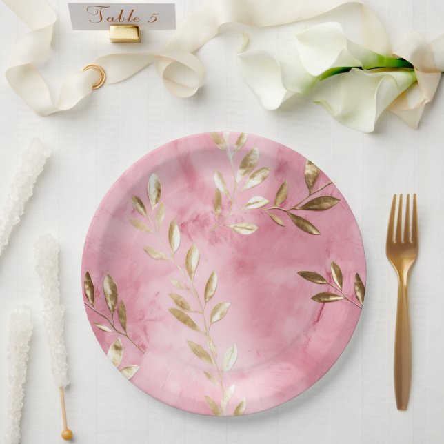 Plato De Papel Hojas de oro rosa (Boda)