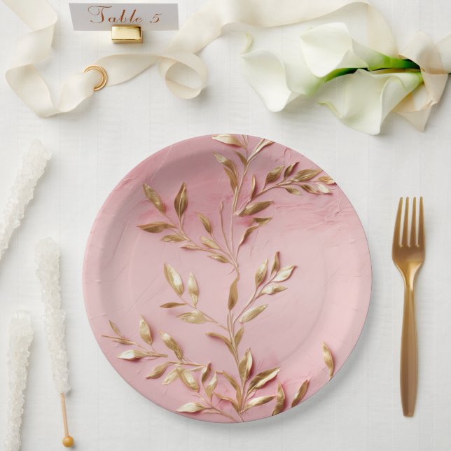 Plato De Papel Hojas de oro rosas (Boda)