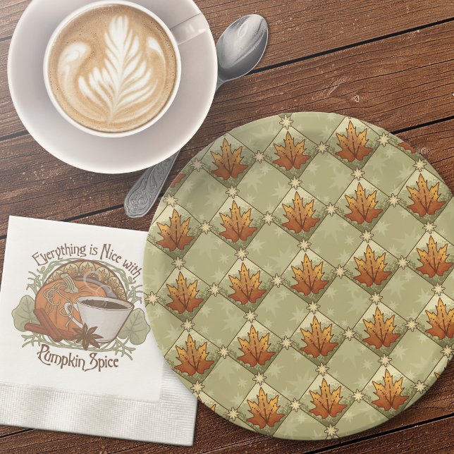 Plato De Papel Hojas de otoño con patrones de diamantes de estrel (Autumn Leaves with Stars Diamond Pattern Paper Plates-With Coordinating Pumpkin Spice Paper Napkins.)