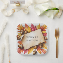 Plato De Papel Hojas de Otoño y Bellotas Boda Rústica en Acuarela