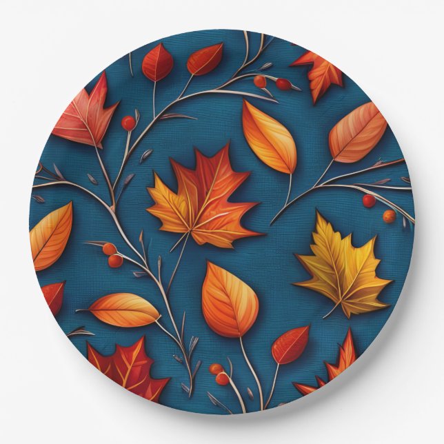 Plato De Papel Hojas de Otoño y Denim (Anverso)