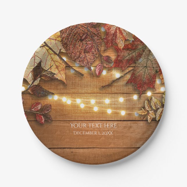 Plato De Papel Hojas de Otoño y Luces de Cadena en Madera Rústica (Anverso)