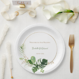 Plato De Papel Hojas de palma acuarela verde y dorado tropical