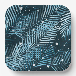 Plato De Papel Hojas de palma en azul con puntos de polka blanco.