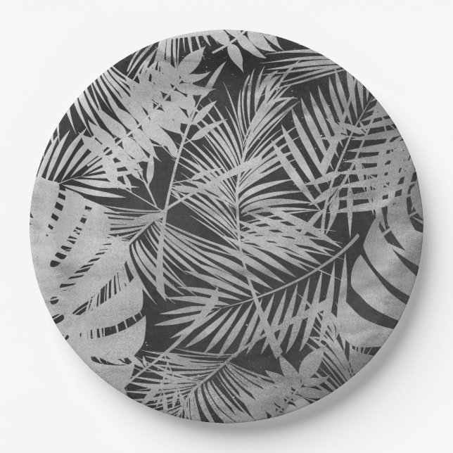 Plato De Papel hojas de palma en blanco y negro (Anverso)