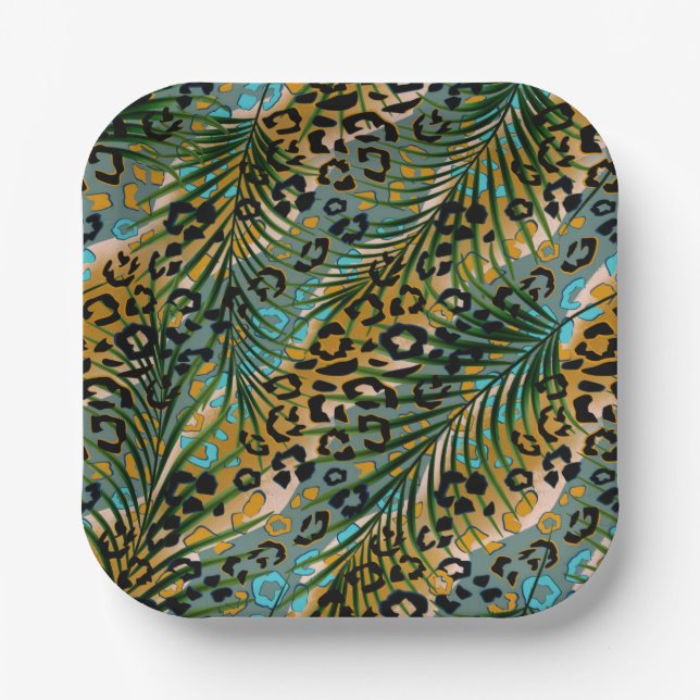 Plato De Papel Hojas de palma sobre un fondo de leopardo. (Anverso)
