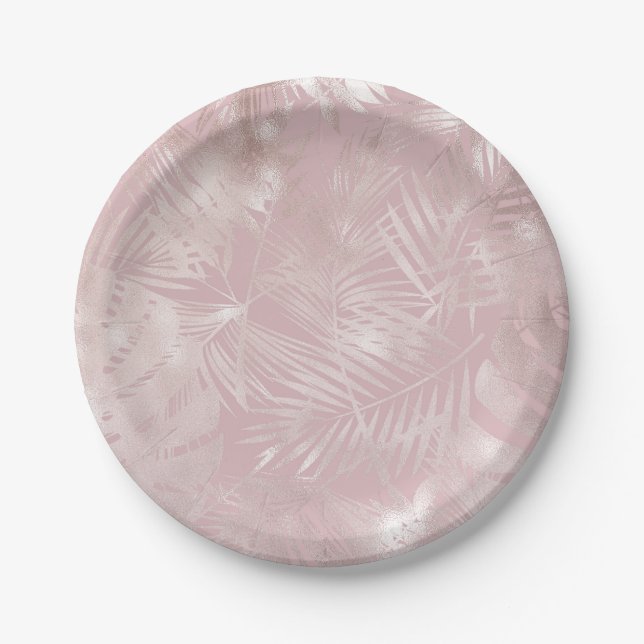 Plato De Papel Hojas de Palma Tropical Botánico Rosa Dorado (Anverso)