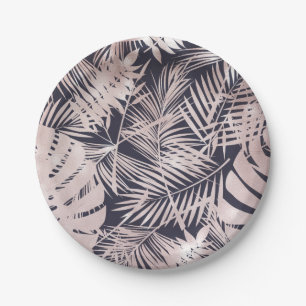 Plato De Papel Hojas de Palma Tropical Rosa Dorado Oscuro