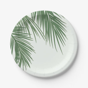 Plato De Papel Hojas de Palma Tropicales Elegantes Verdes Blancas
