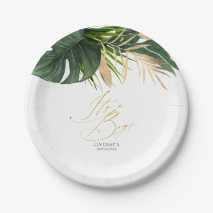Plato De Papel Hojas de palma verdes y doradas tropicales elegant