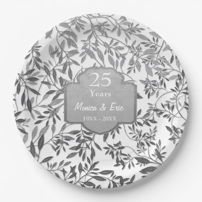 Plato De Papel Hojas de plata en 25 años blancos (Anverso)
