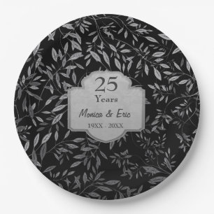 Plato De Papel Hojas de plata en negro 25 años