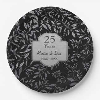 Plato De Papel Hojas de plata en negro 25 años