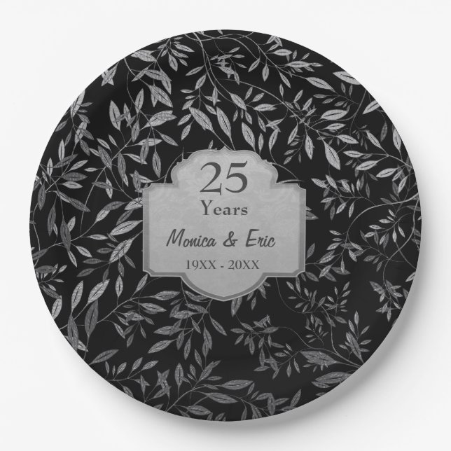 Plato De Papel Hojas de plata en negro 25 años (Anverso)