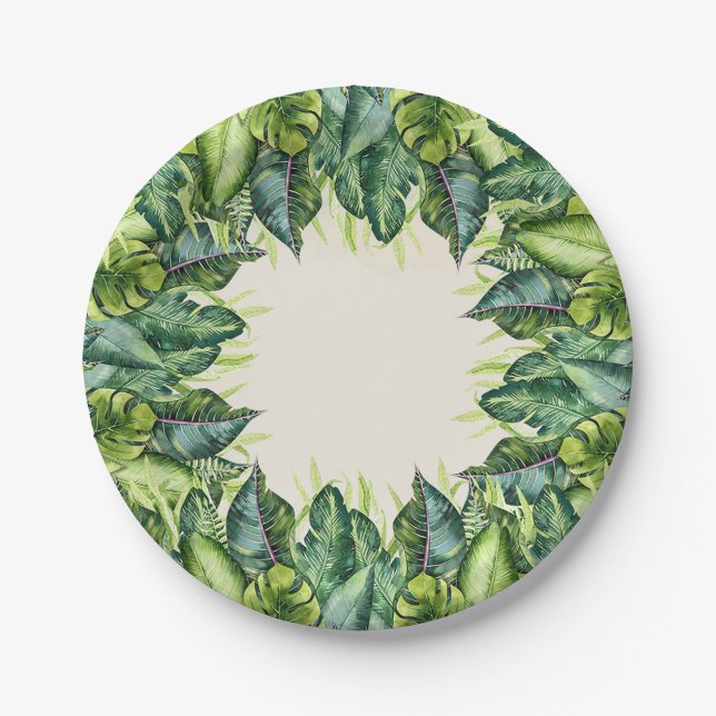 Plato De Papel Hojas de Selva Tropical Cumpleaños Botánico (Anverso)