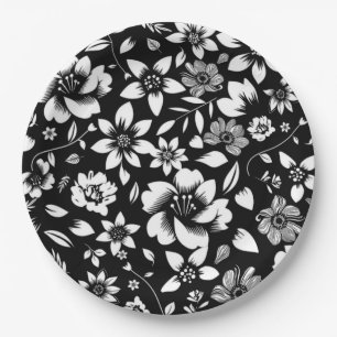 Plato De Papel Hojas florales modernas blancas y negras que sopla