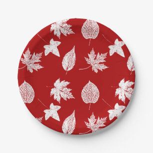 Plato De Papel Hojas otoñales - blanco y rojo oscuro