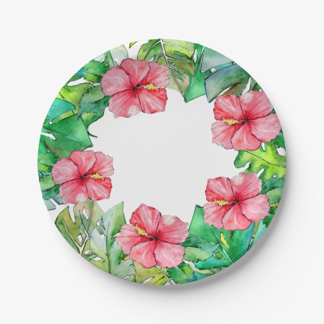 Plato De Papel Hojas tropicales de Hibiscus floral hawaiana (Anverso)