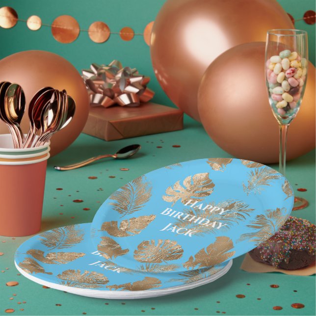 Plato De Papel Hojas tropicales de oro azul Aqua (Multi)