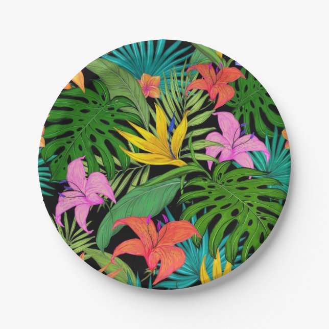 Plato De Papel Hojas tropicales de palmas florales hawaianas (Anverso)