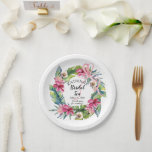 Plato De Papel Hojas tropicales | Ducha De Té De Novias De Flores<br><div class="desc">Hermosa acuarela de color rosa con hibiscus floral Bridal Tea,  diseño de la ducha con exuberante vegetación tropical y un arco de múltiples lazos rosados.</div>