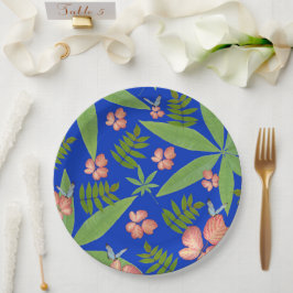 Plato De Papel Hojas tropicales en azul