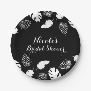 Plato De Papel Hojas Tropicales Negras y Blancas Fiesta Chic Eleg