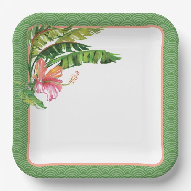 Plato De Papel Hojas tropicales Placa de papel floral rosa verde (Anverso)