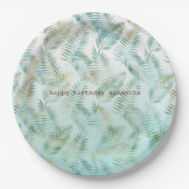 Plato De Papel Hojas tropicales verde acuatico dorado