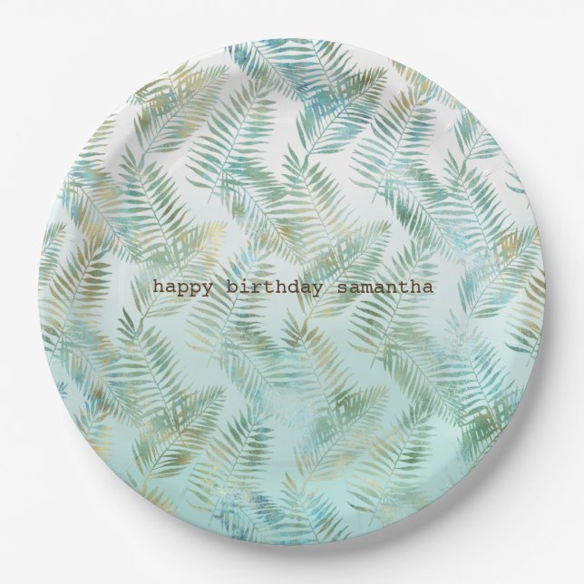 Plato De Papel Hojas tropicales verde acuatico dorado (Anverso)