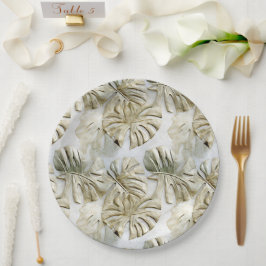 Plato De Papel Hojas tropicales verdes de oro