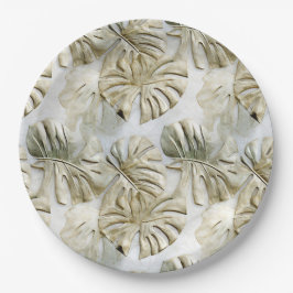 Plato De Papel Hojas tropicales verdes de oro