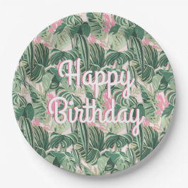 Plato De Papel Hojas tropicales verdes y rosas | Cumpleaños feliz