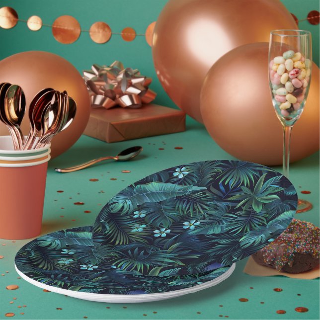 Plato De Papel Hojas tropicales y flores azules (Multi)