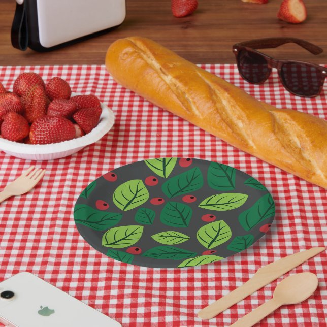 Plato De Papel Hojas verdes, bayas rojas, patrón de hojas (Picnic)