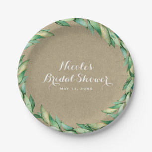 Plato De Papel Hojas Verdes de Acuarela Boda Rústica Kraft