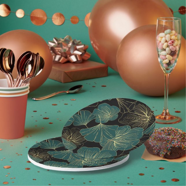 Plato De Papel Hojas verdes doradas (Multi)