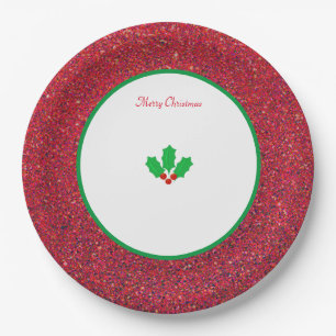 Plato De Papel Hojas y bayas de acebo de Navidad en blanco y rojo