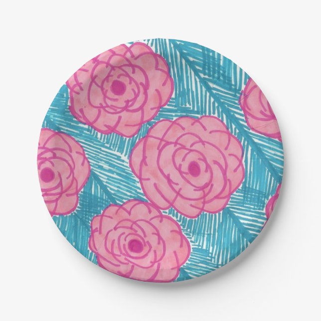 Plato De Papel Hojas y flores de palmera tropicales (Anverso)
