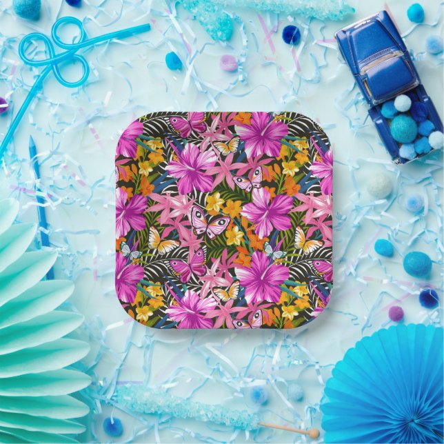 Plato De Papel Hojas y flores tropicales (Fiesta)